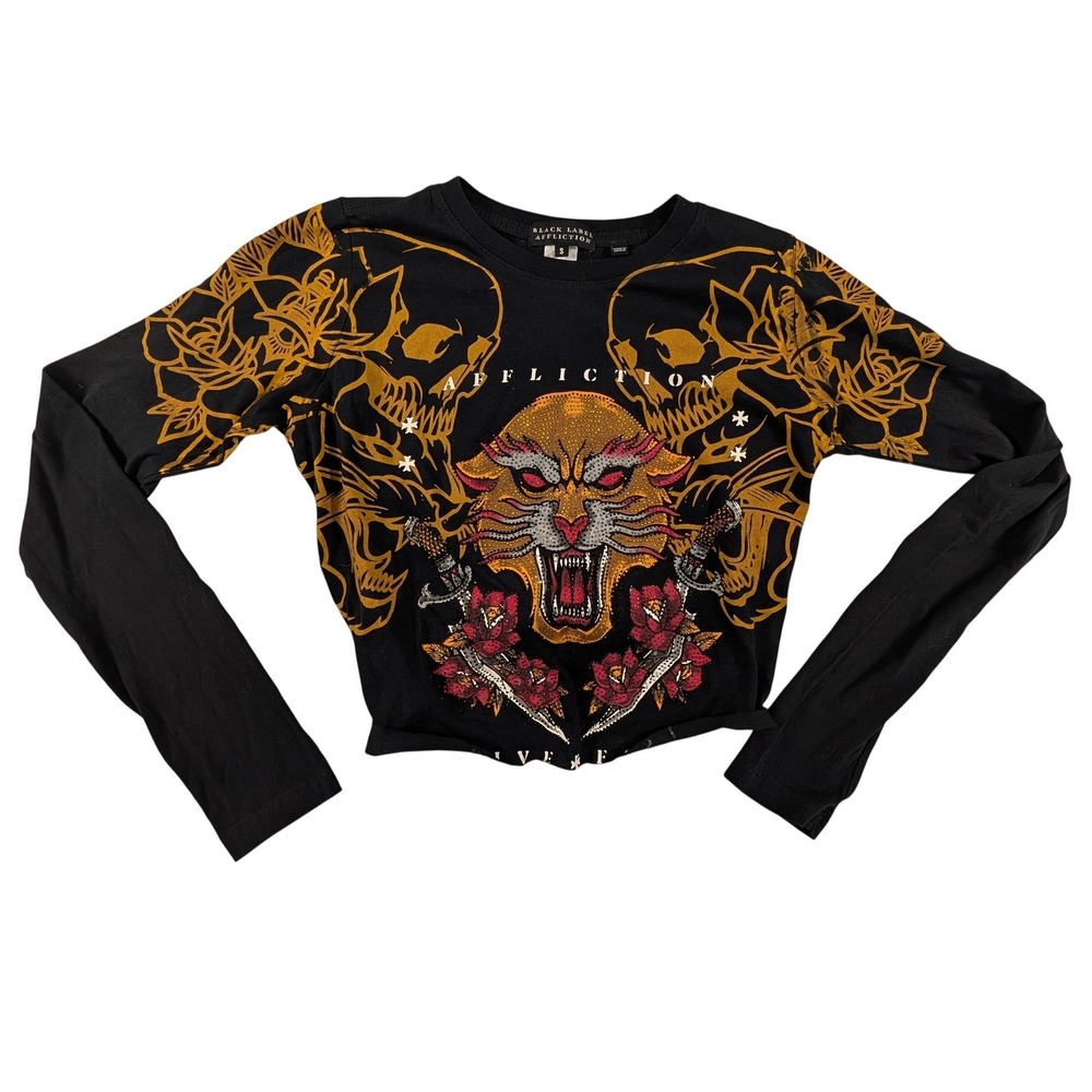 Affliction Black Label Rhinestone Tiger Skull Long Sleeve Goth Grunge  small